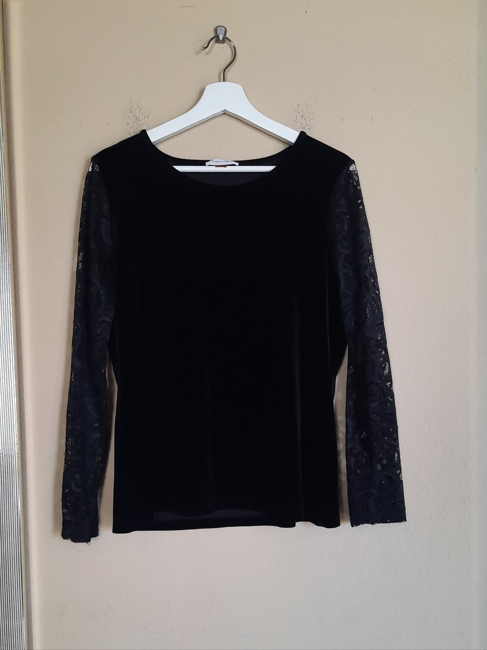 Calvin Klein Classic Black Velvet Top with Lace Sleeves
